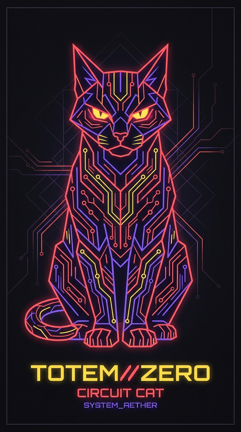 Illustration féline de démonstration Chateq : chat-circuit néon, interface générique non attribuée.